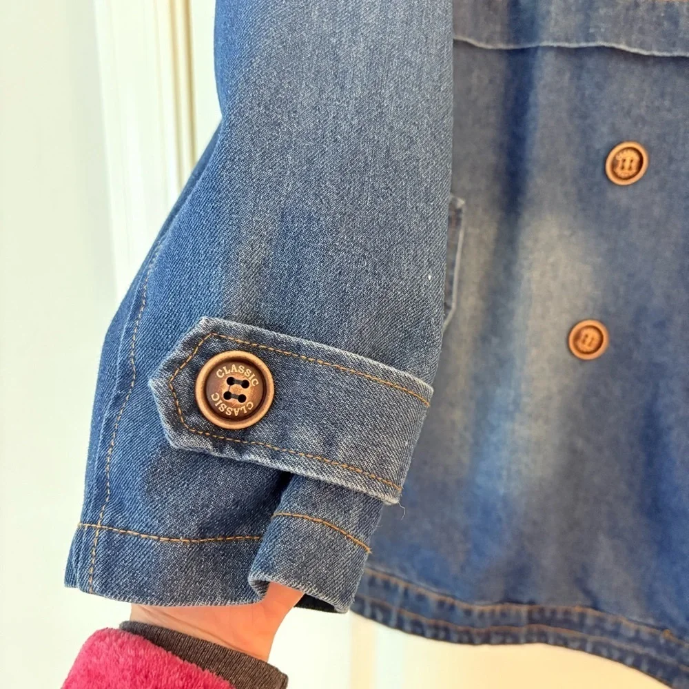Classic Nautical Preppy Medium Wash Denim Double Breasted Jean Trench Co…